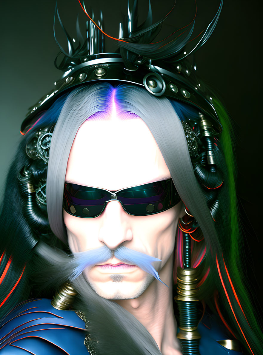 Digital art portrait featuring figure with metallic crown, white hair, twisted mustache, and sunglasses