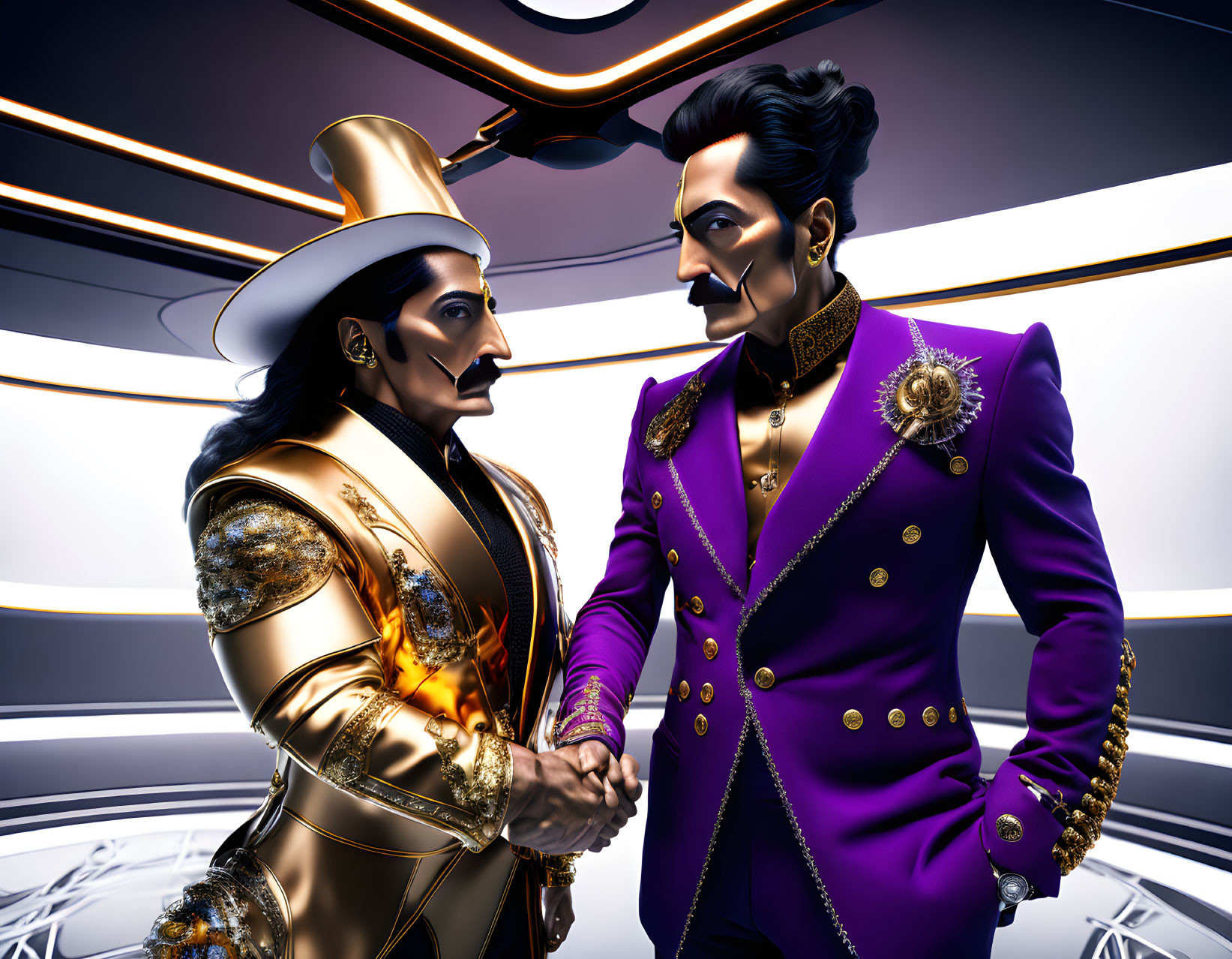 Stylized digital characters in ornate costumes shaking hands in futuristic setting