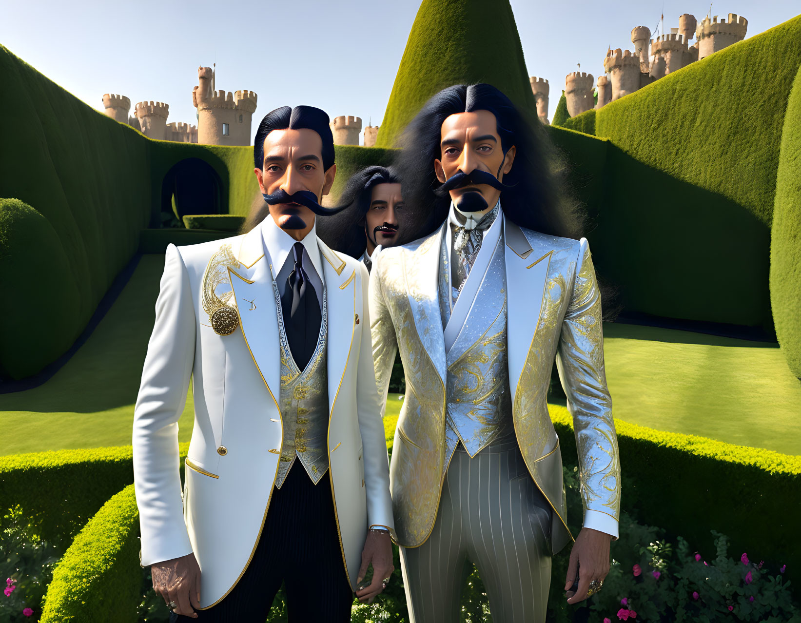 Animated men in formal garden maze with castle on sunny day