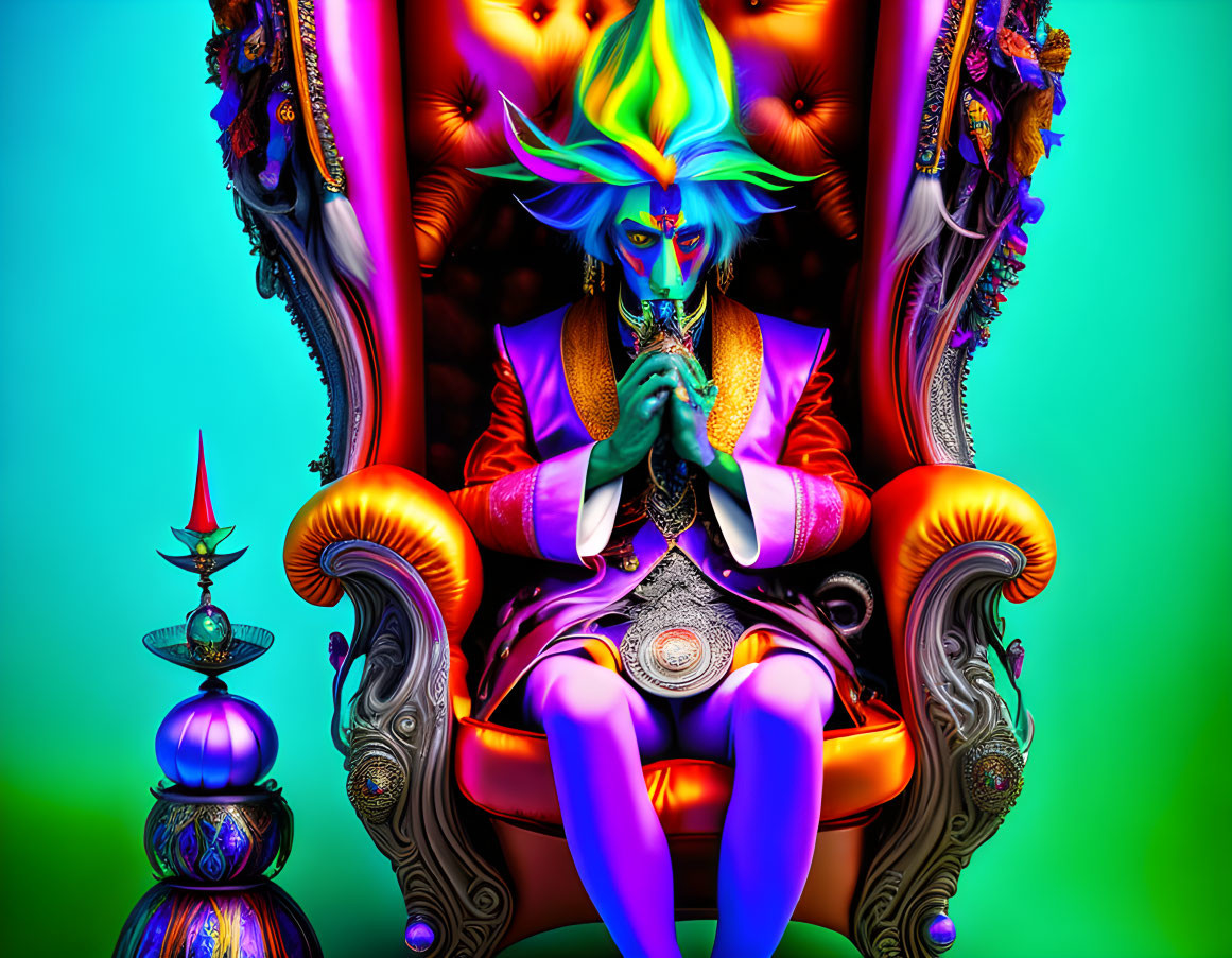 Colorful Alien Figure on Ornate Throne in Neon Green Setting