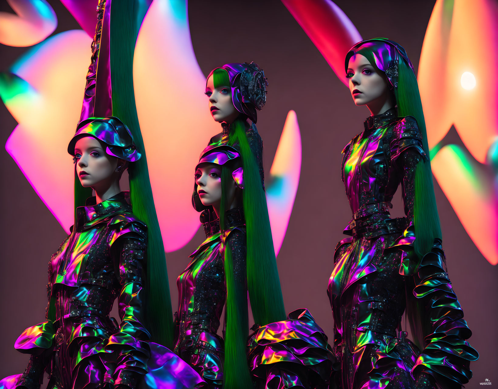 Four futuristic stylized female figures in iridescent outfits and sleek helmets against a backdrop of colorful abstract