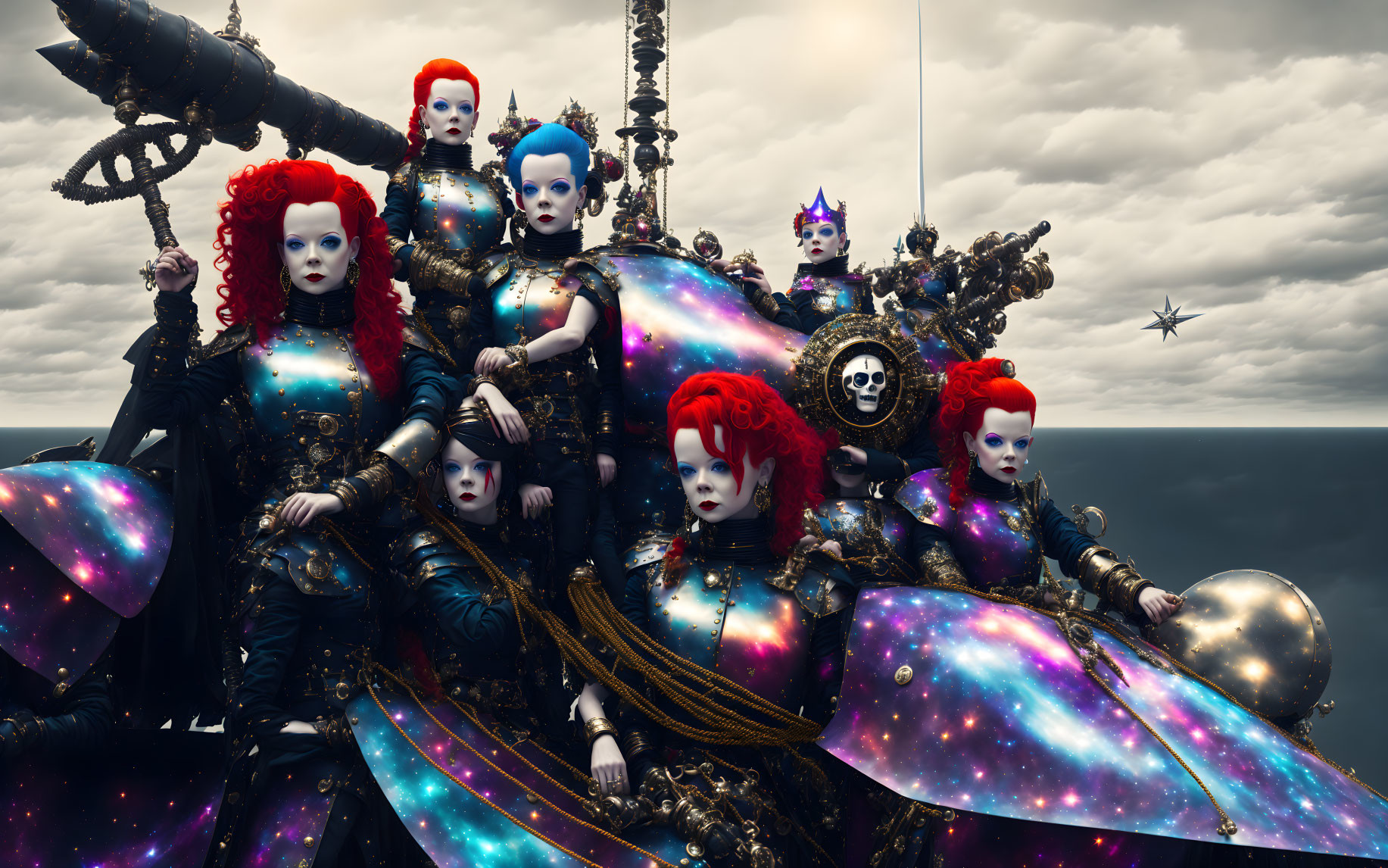 Elaborate Black Galaxy Costumes on Dramatic Seascape