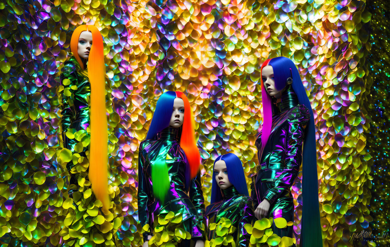 Four mannequin heads with long, colorful hair on sequin background