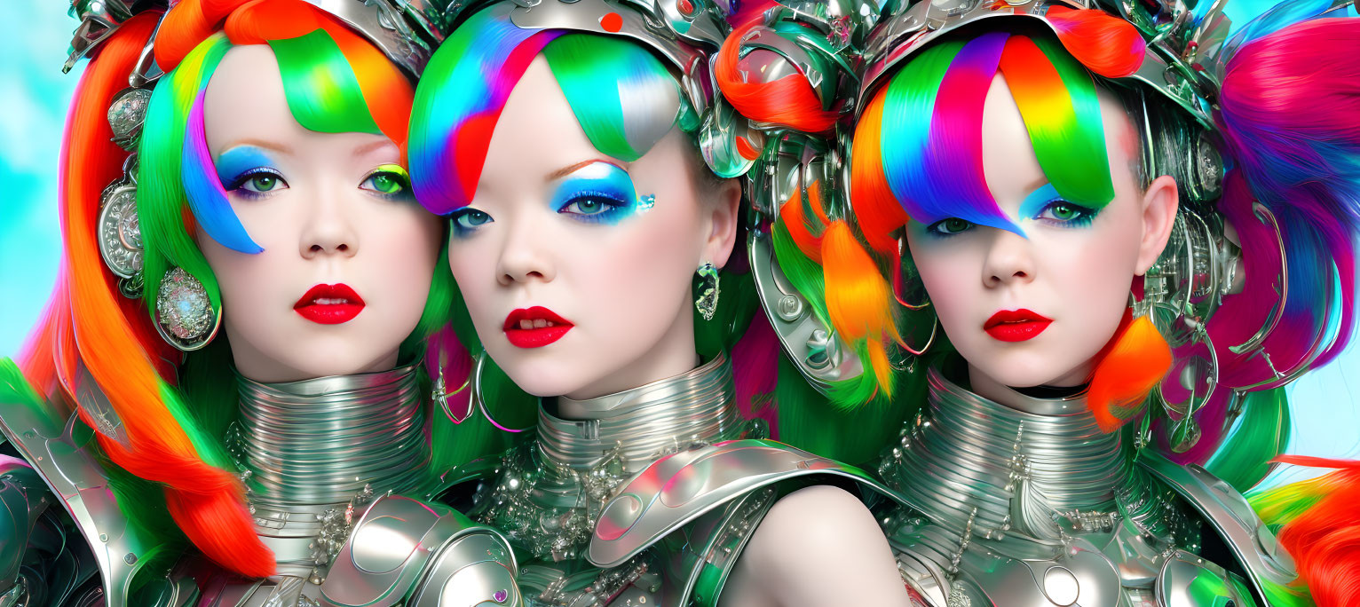 Three women in futuristic armor with colorful hair on turquoise background.