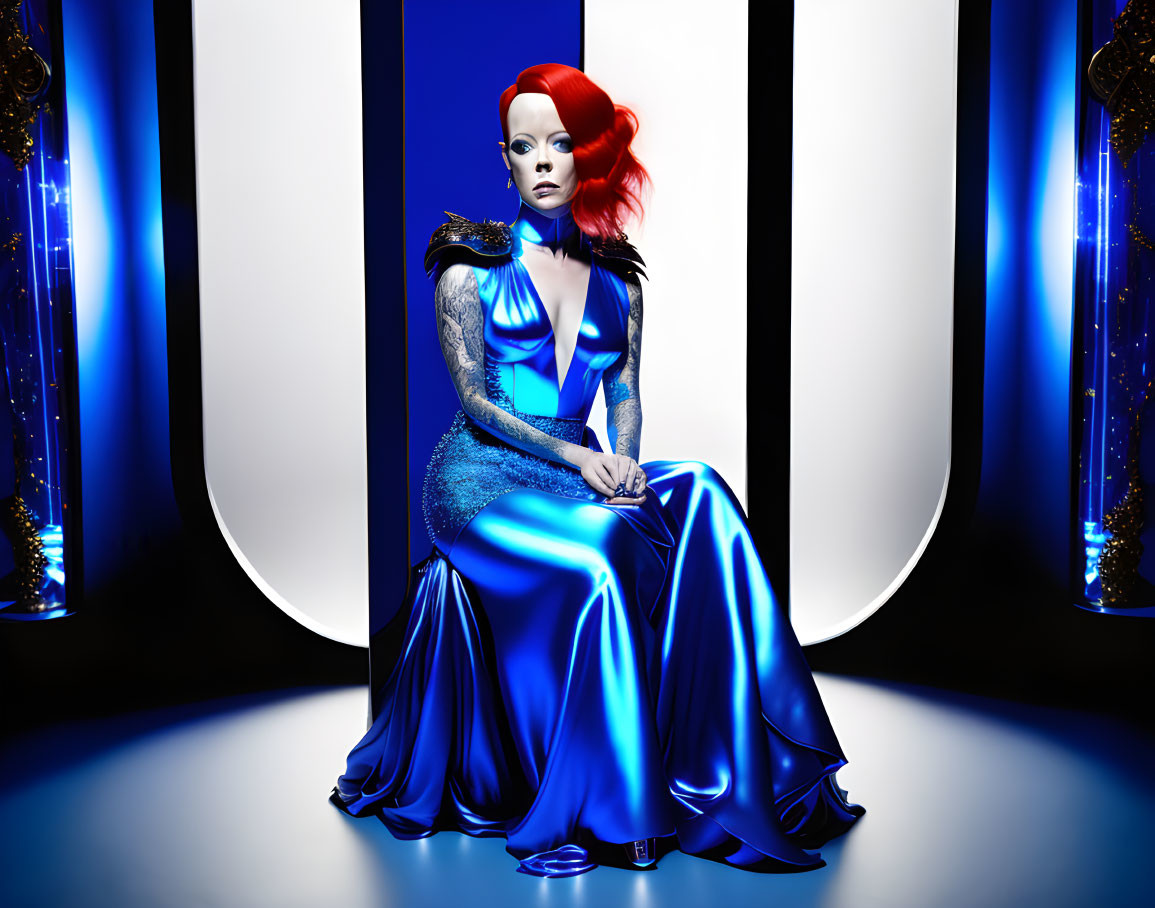 Vibrant red-haired woman in blue gown against luminous white backdrop