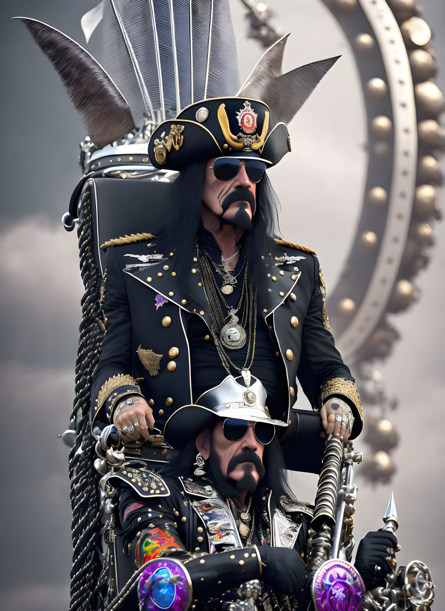Futuristic pirate-themed character with ornate military attire