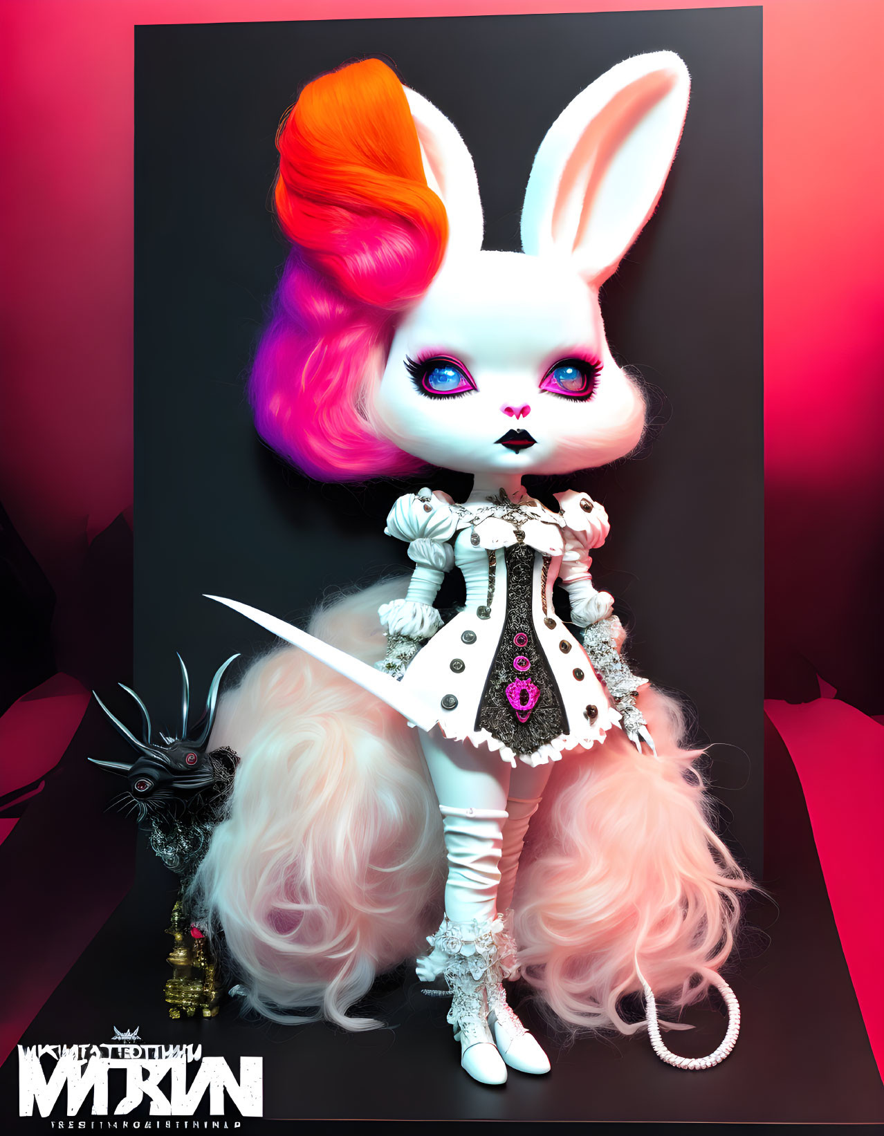 Anthropomorphic rabbit doll with pink hair and sword beside black figure