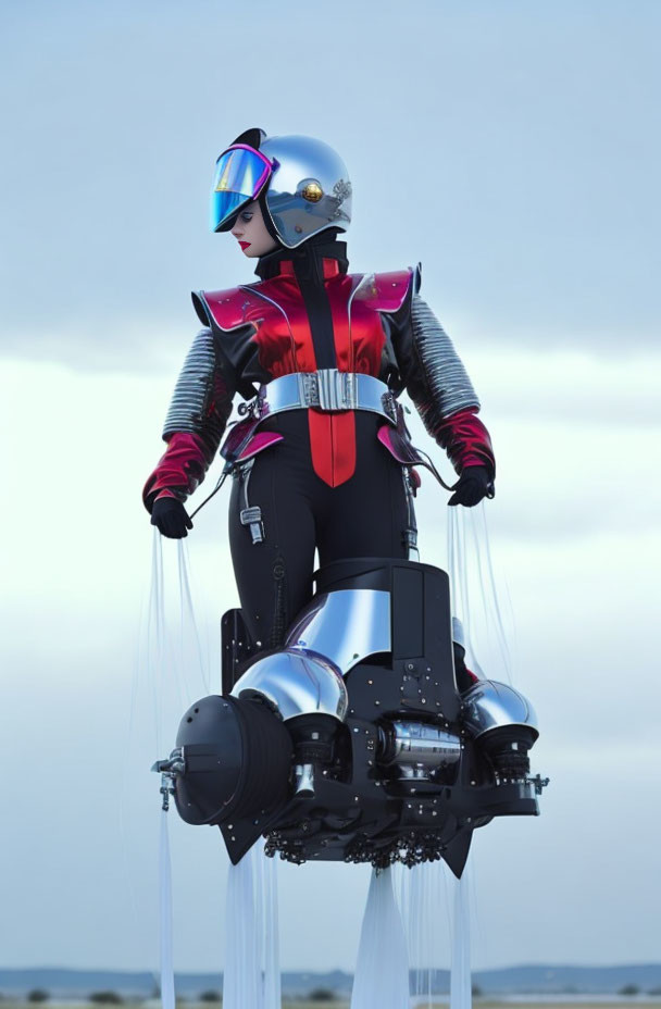 Futuristic person in red and black suit on vertical jetpack