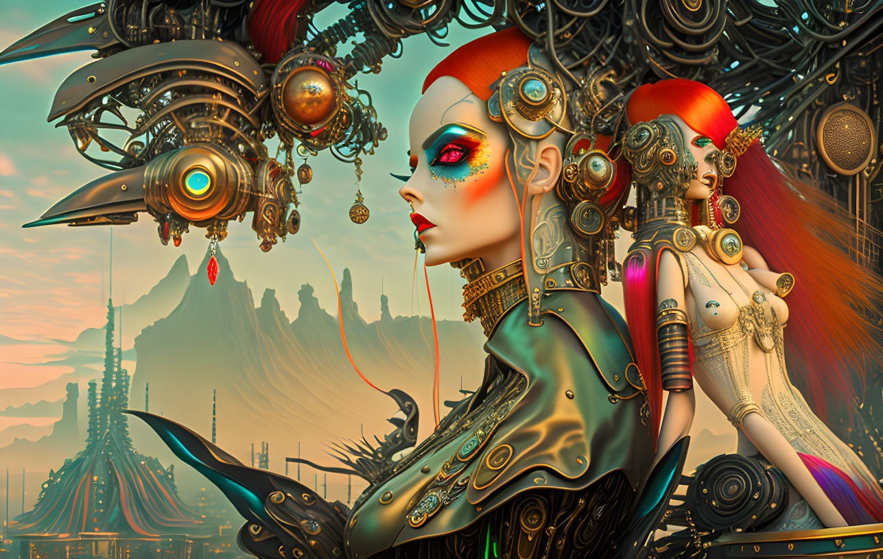 Futuristic cybernetic women with steampunk headdresses in industrial mountain setting