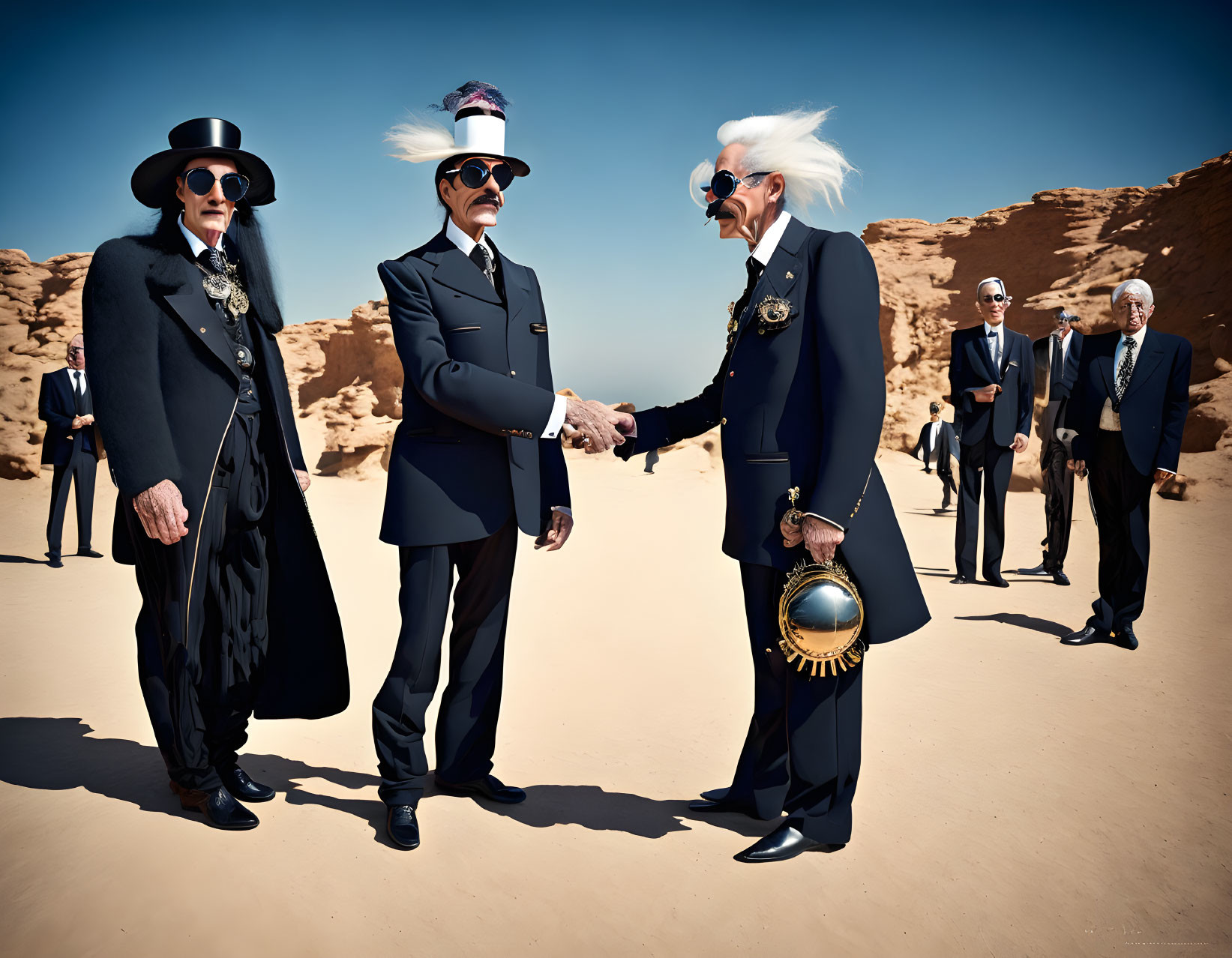 Eccentrically dressed men shaking hands in desert scene