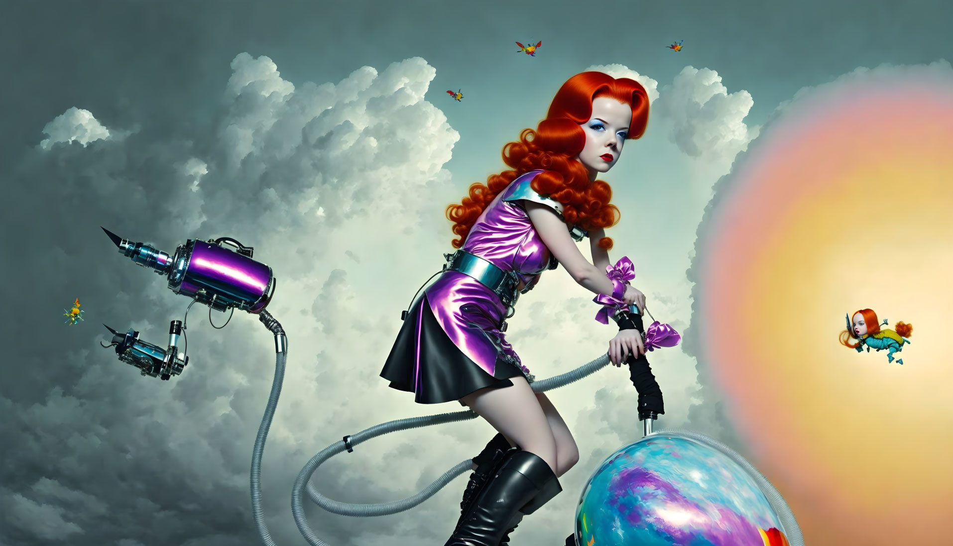 Futuristic red-haired woman with hose and sphere in cloudy sky