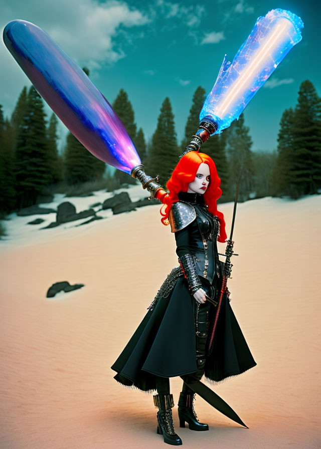 Red-Haired Woman in Black Outfit with Sci-Fi Weapons on Snowy Landscape