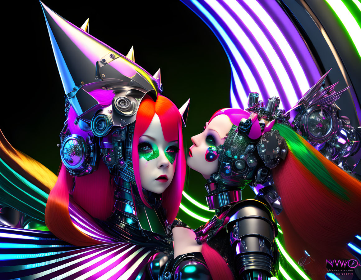 Stylized futuristic female figures with cybernetic headgear on vibrant background