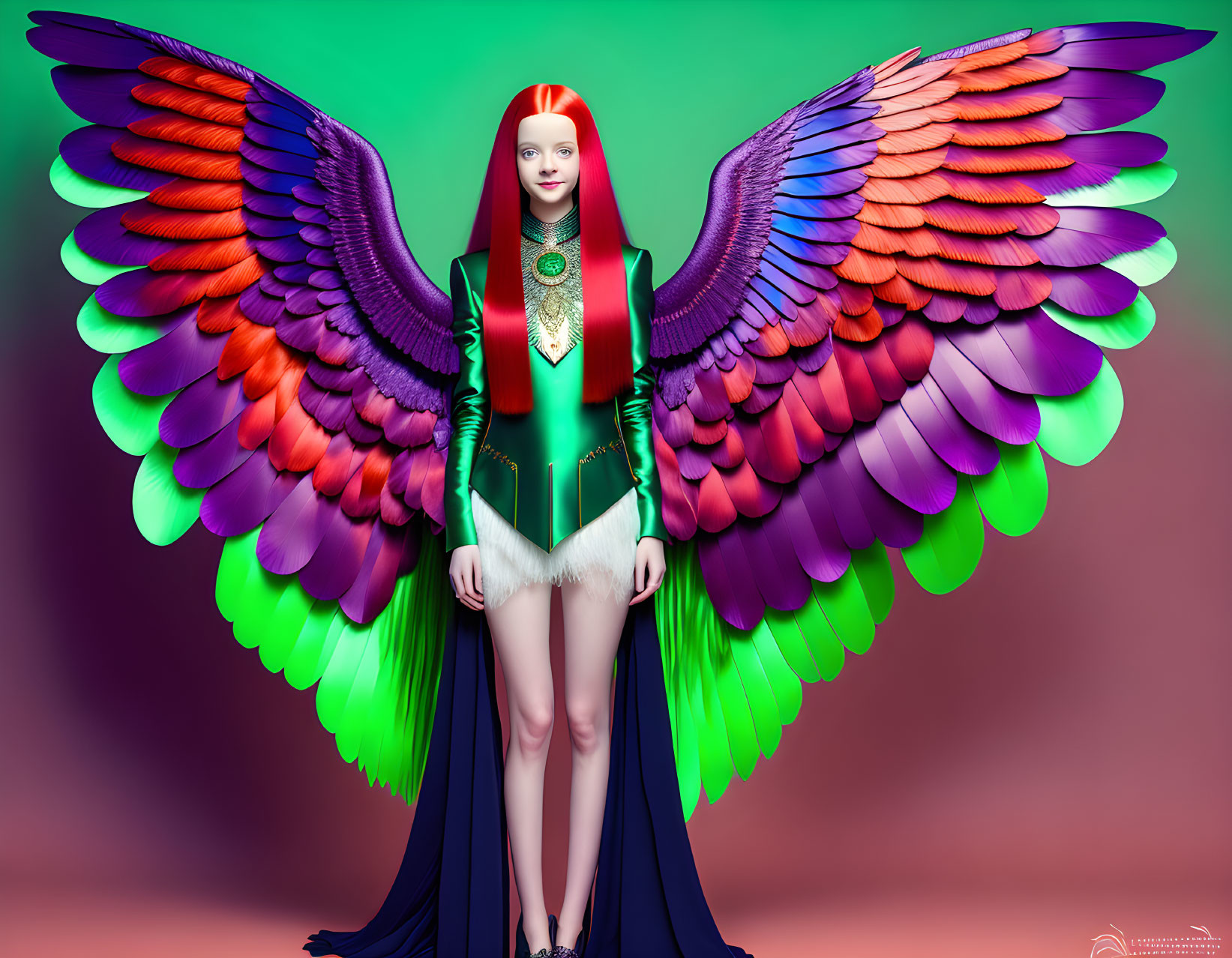 Colorful digital illustration of woman with multicolored wings and red hair in fantasy costume on gradient backdrop