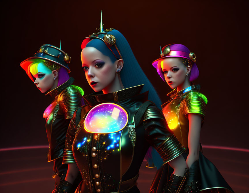 Colorful futuristic women in glowing sci-fi outfits on neon-lit backdrop