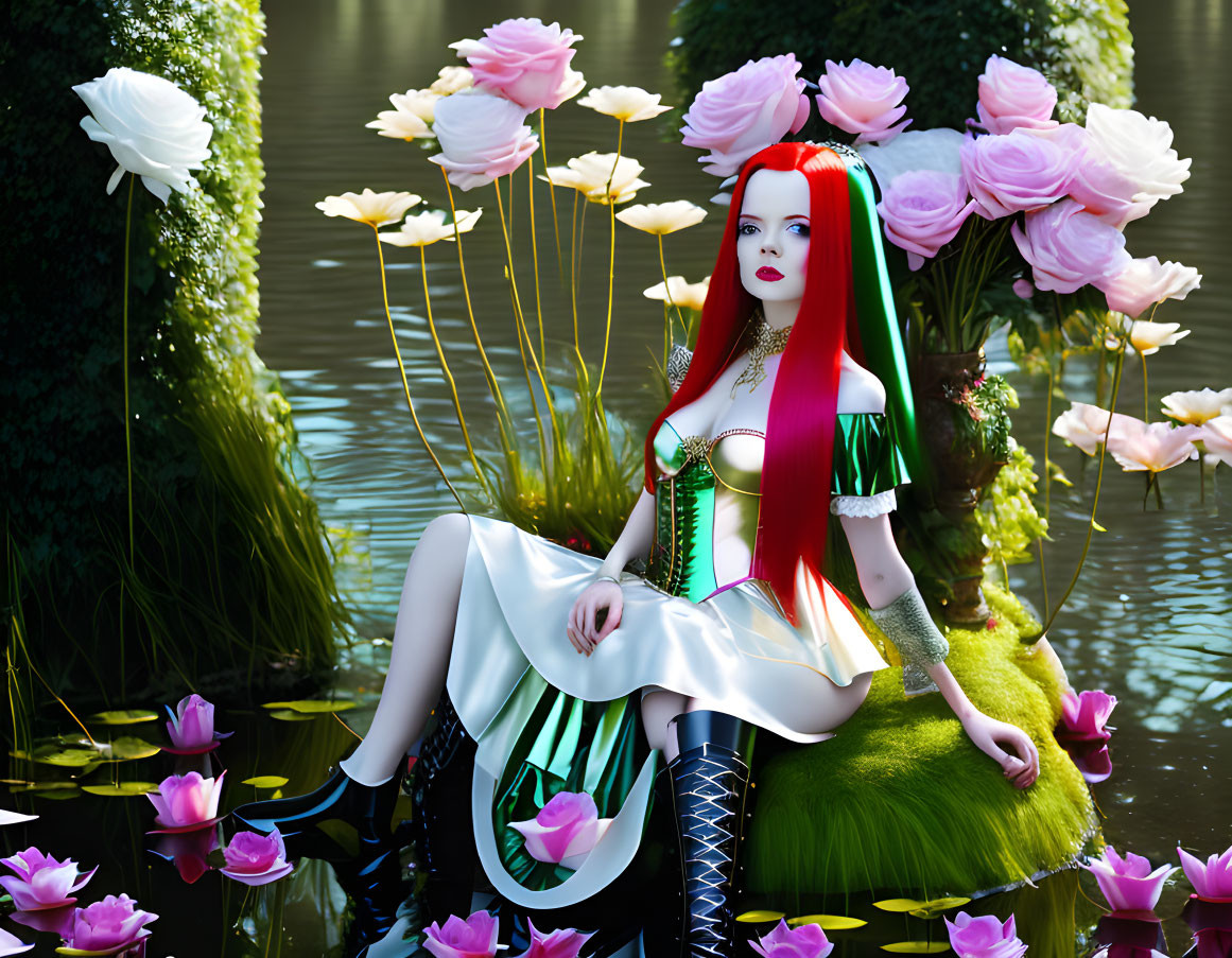 Stylized red-haired woman on mossy island with pink and white flowers