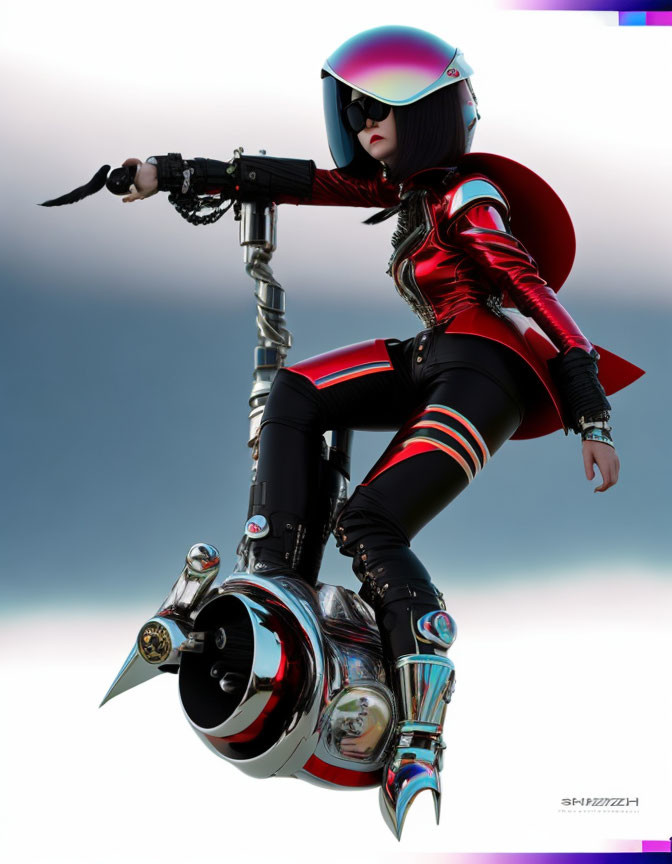 Futuristic rider in red and black suit on chrome rocket bike