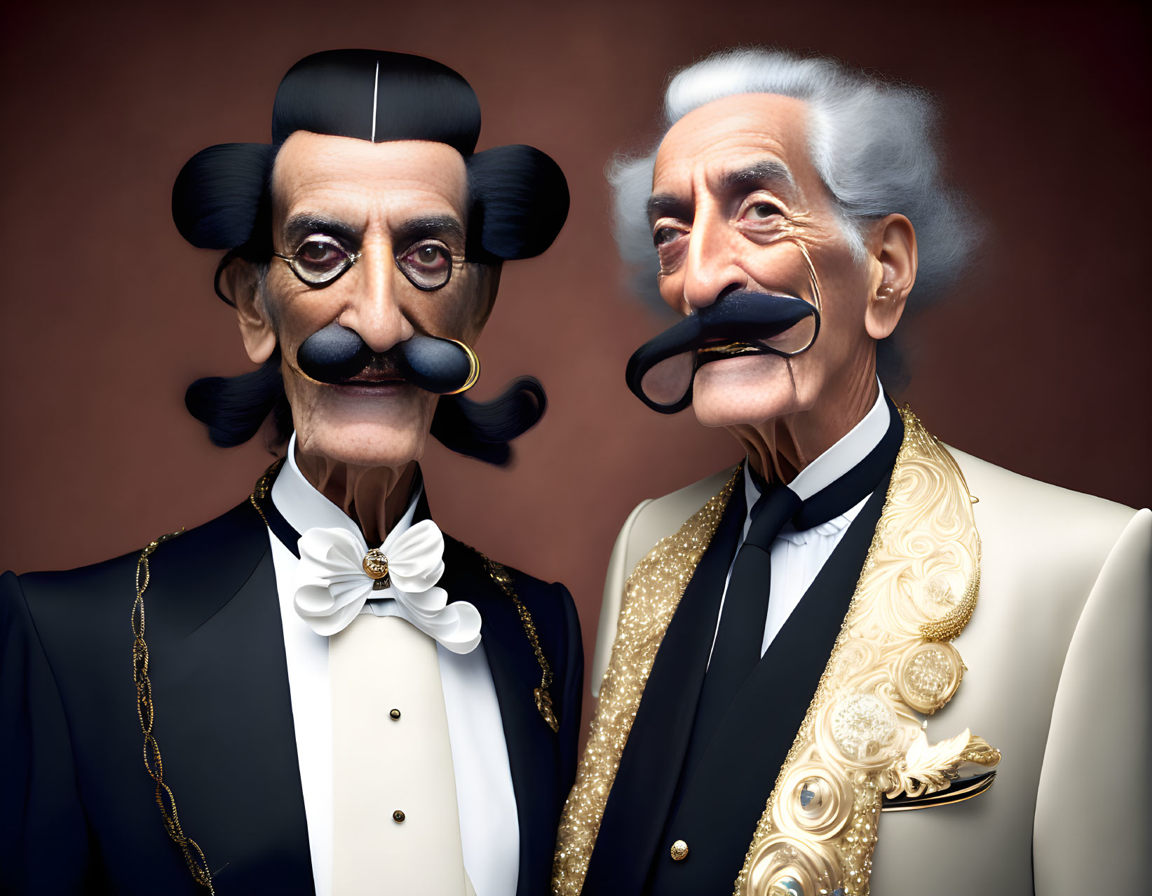 Stylized elderly gentlemen in formal attire on brown background