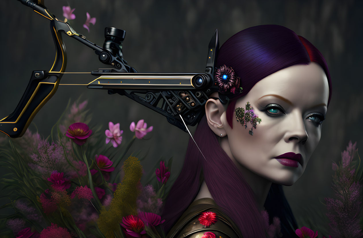 Surreal portrait of woman with mechanical bow headpiece in dark flora