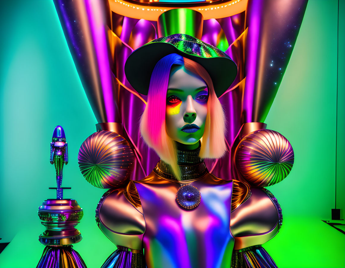 Futuristic woman in metallic clothing with neon makeup against abstract sci-fi backdrop