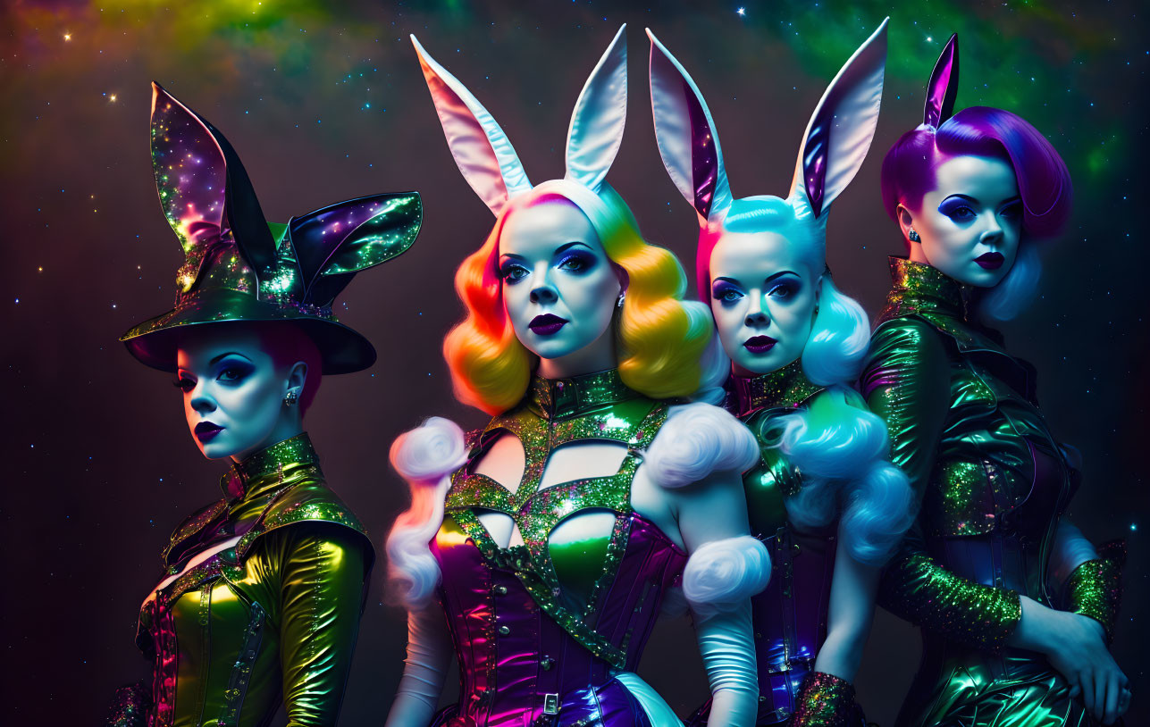 Four women in futuristic, fantasy-inspired costumes with stylized makeup and whimsical accessories.