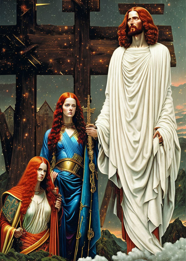 Stylized artwork of man in white with red hair beside two women in medieval attire against cosmic backdrop