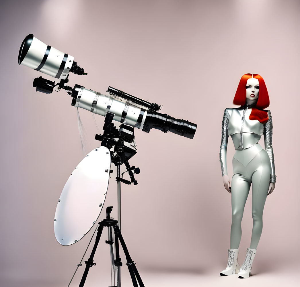 Futuristic female android with red hair by telescope on pink background