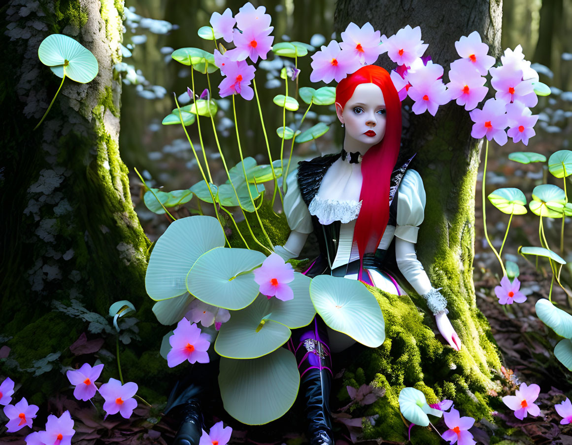 Red-haired doll in black and white outfit among green leaves and pink flowers