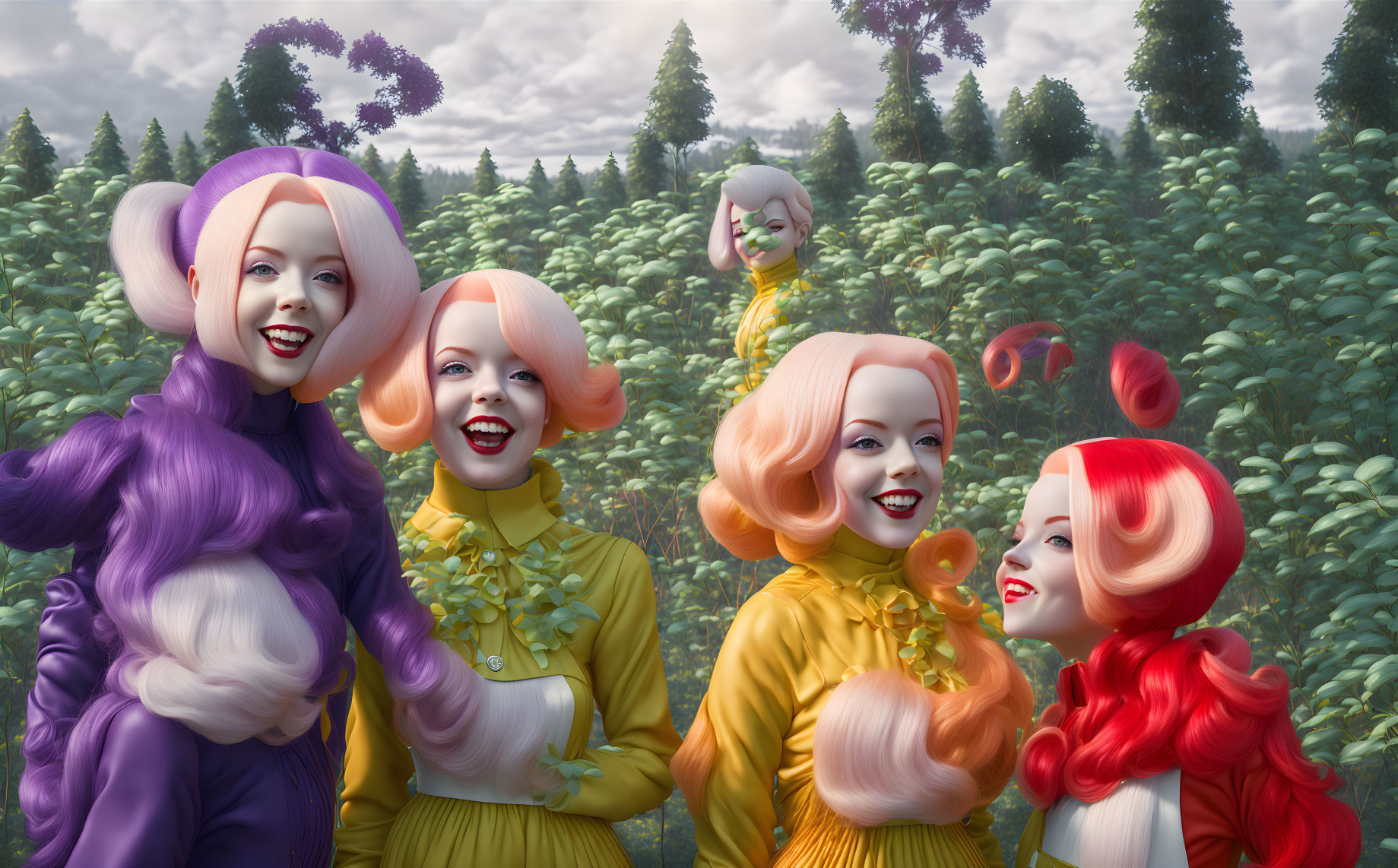 Colorful hair women in yellow outfits in surreal landscape