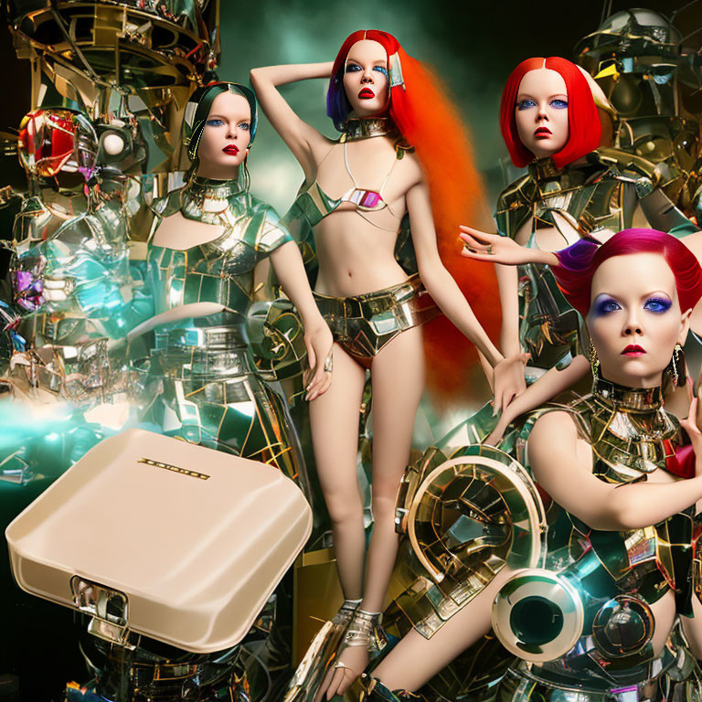 Colorful hair and metallic garments on futuristic female mannequins with reflective surroundings.