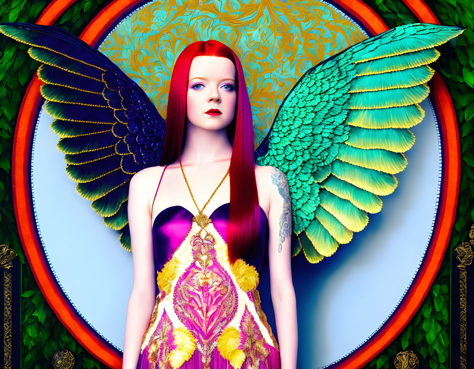 Colorful illustration: Woman with red hair and multicolored wings in ornate circular setting