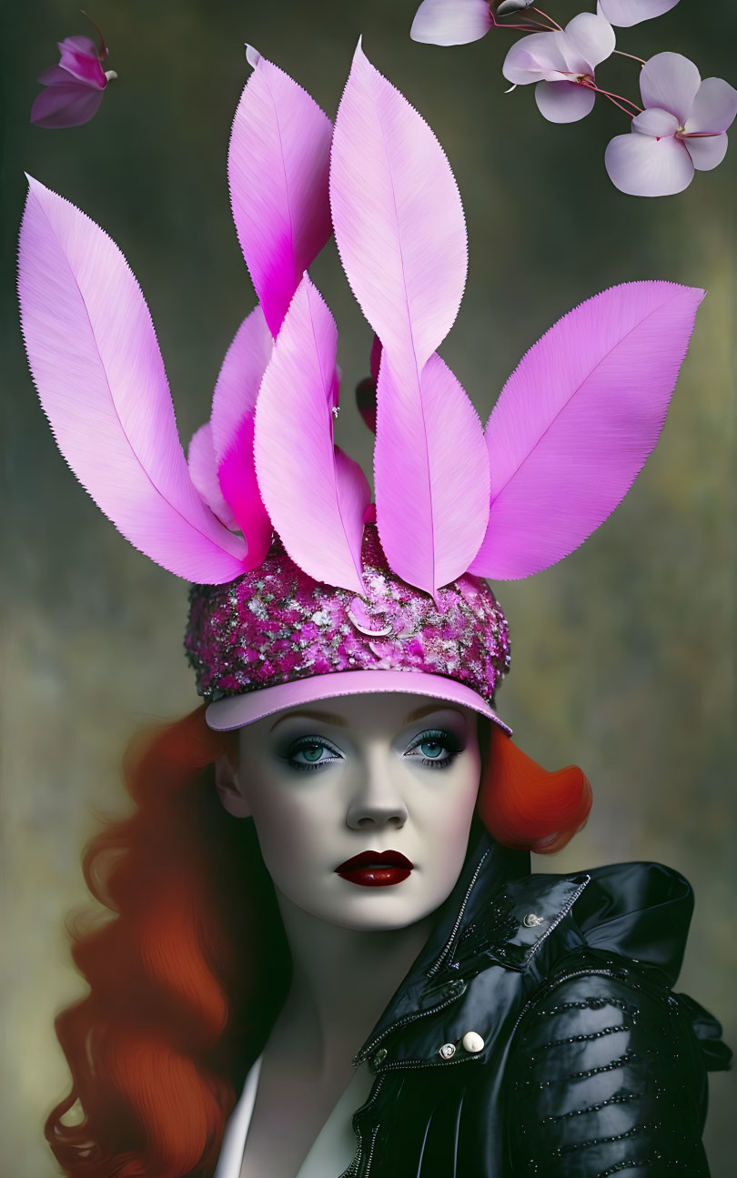 Woman with Red Hair, Blue Eyes, Purple Hat, and Flowers