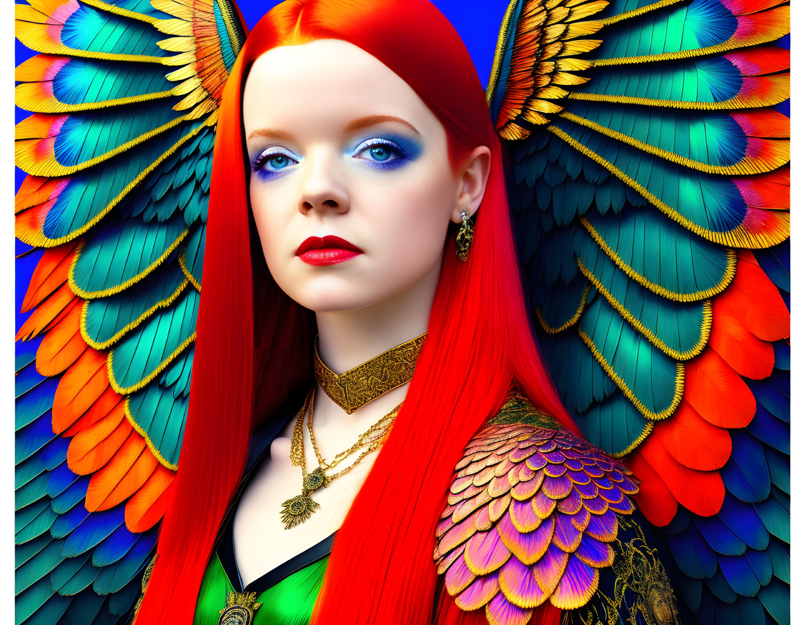 Colorful digital artwork featuring a woman with red hair, blue eyes, and bird-like wings