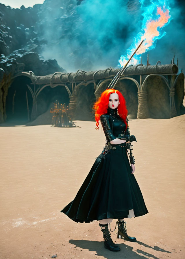 Fiery red-haired woman in gothic attire with blue flames staff in desert setting