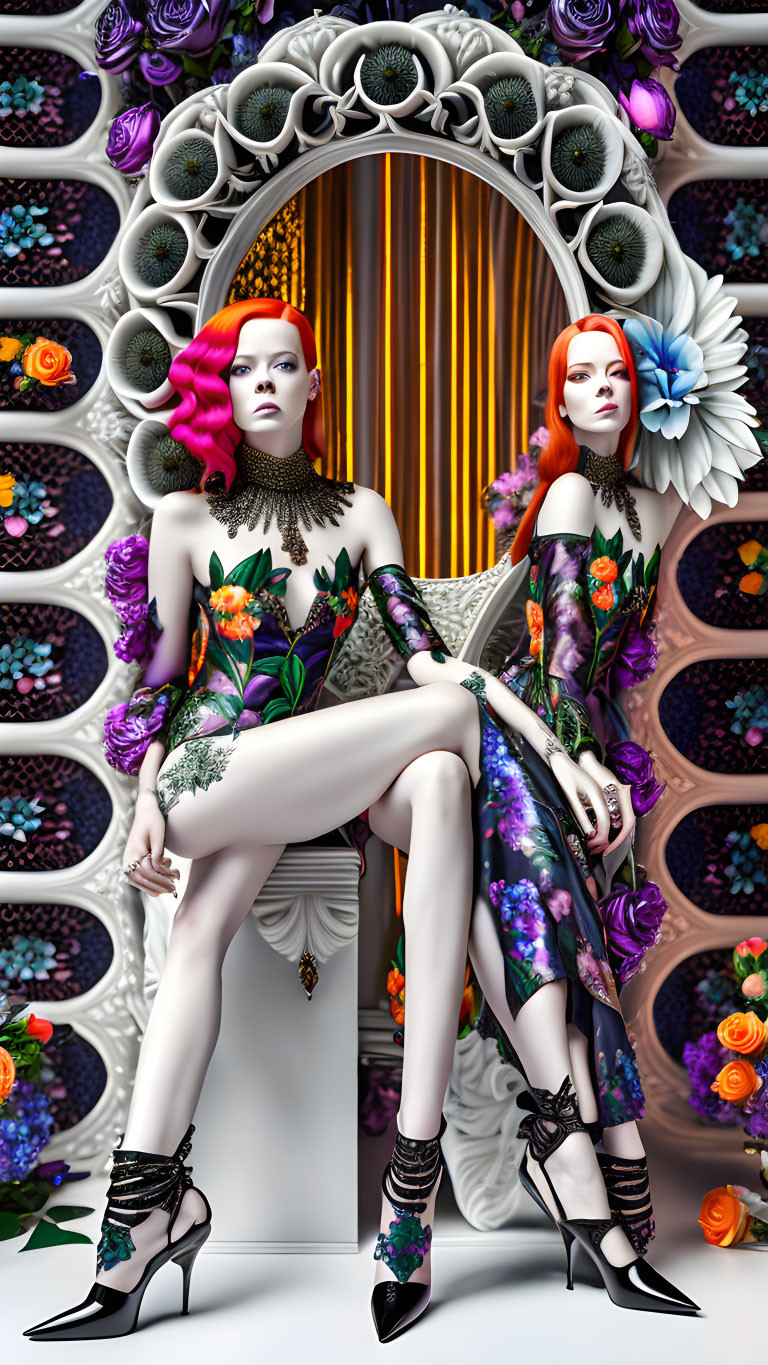 Vibrant-haired women in floral dresses against ornate backdrop
