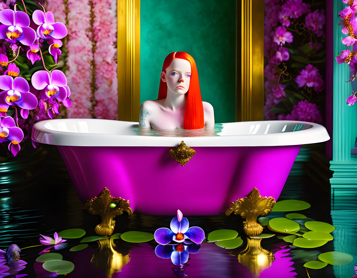 Red-haired woman in purple bathtub with greenery and flowers.