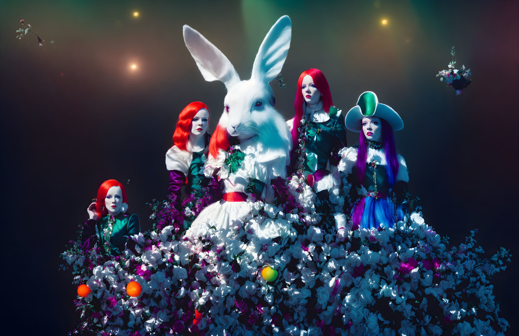 Fantasy scene: Women in colorful costumes with white rabbit and vibrant flowers