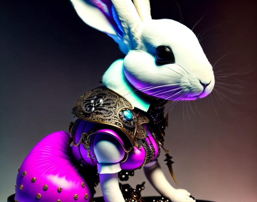 Stylized white rabbit in ornate metallic armor on gradient background