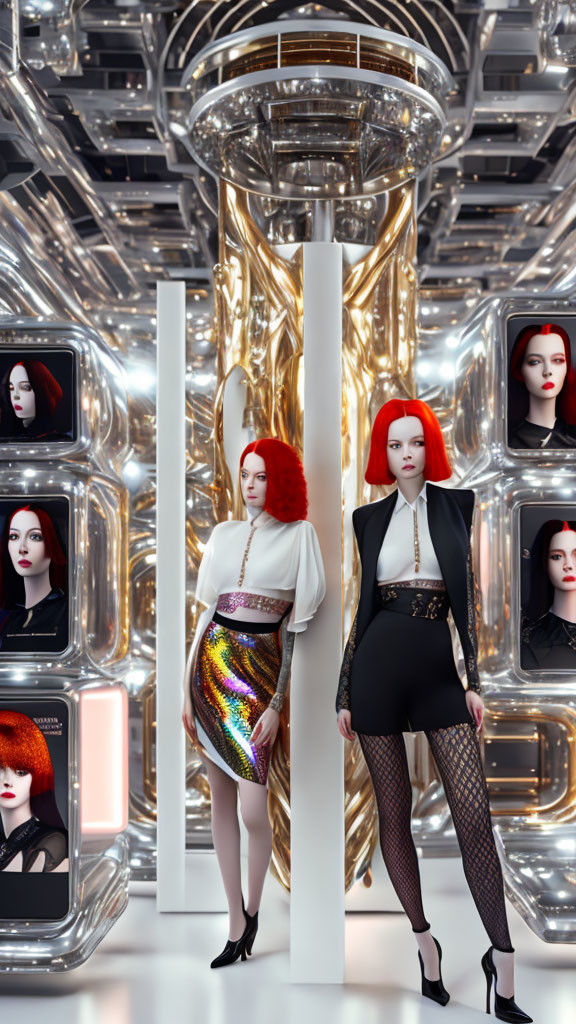 Two women in fashionable outfits in futuristic corridor with reflective surfaces and screens.