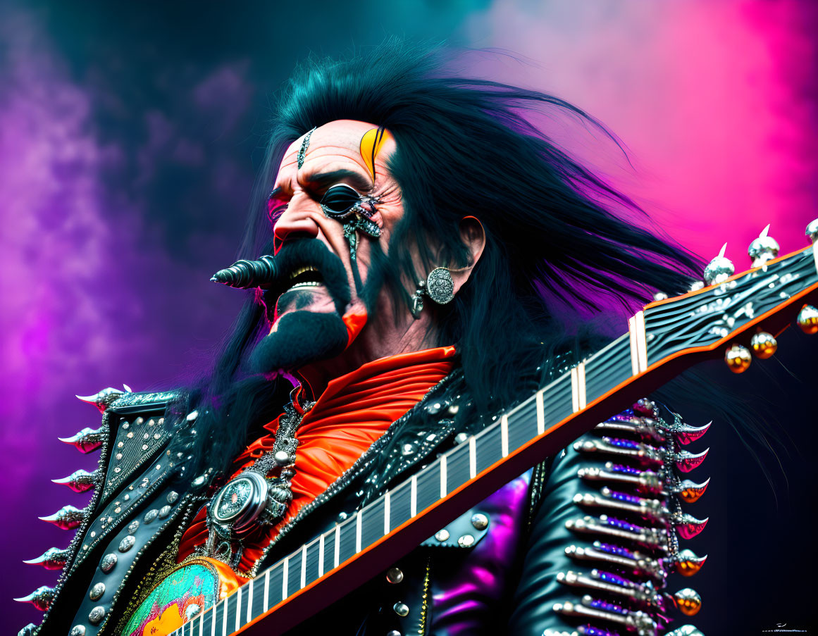 Energetic guitarist in dramatic makeup and studded leather attire on vibrant backdrop