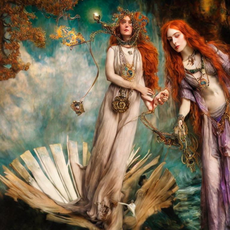 Ethereal women in ornate headdresses amidst vibrant backdrop