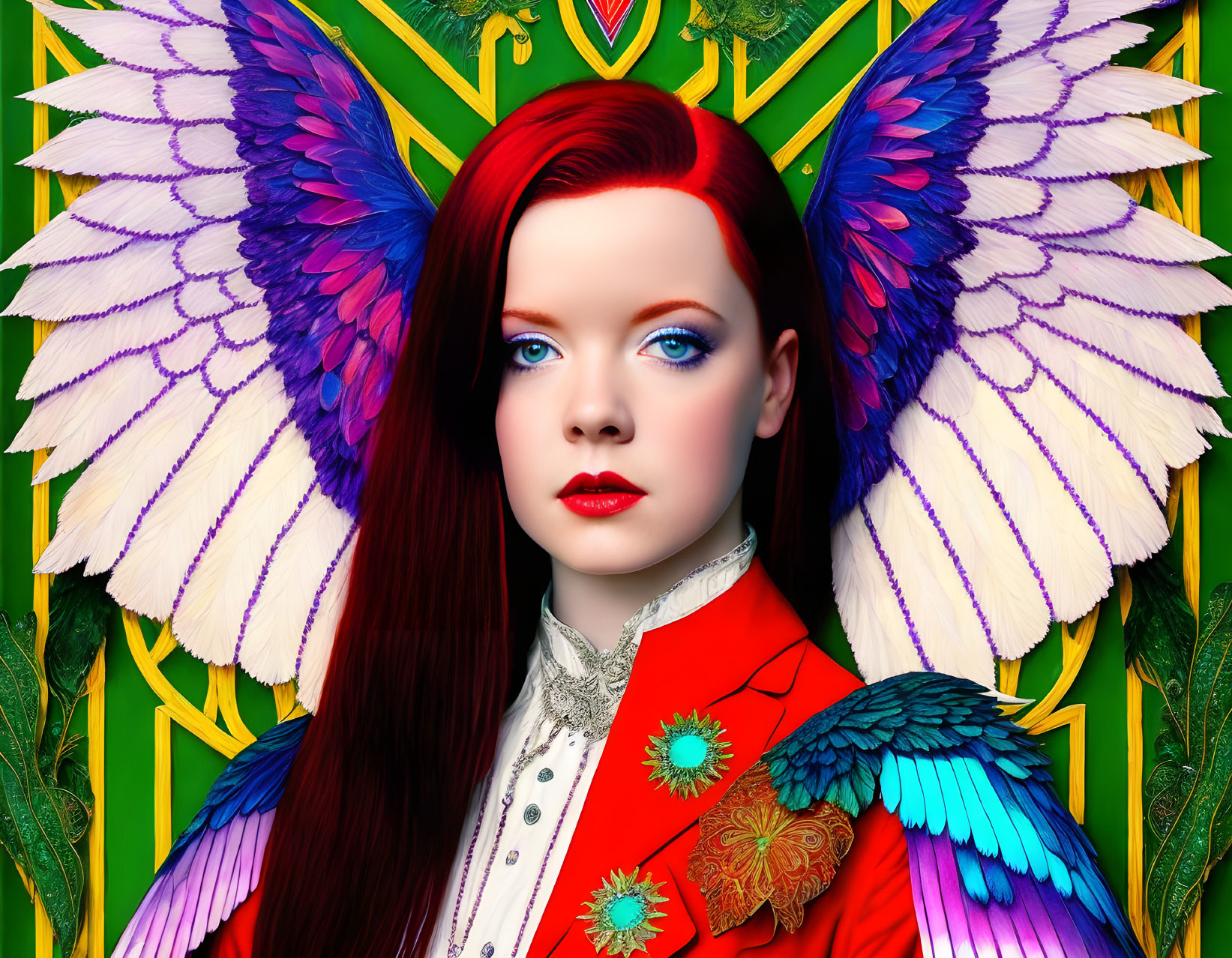 Colorful digital art: Woman with red hair, blue eyes, red coat, floral accents, mult