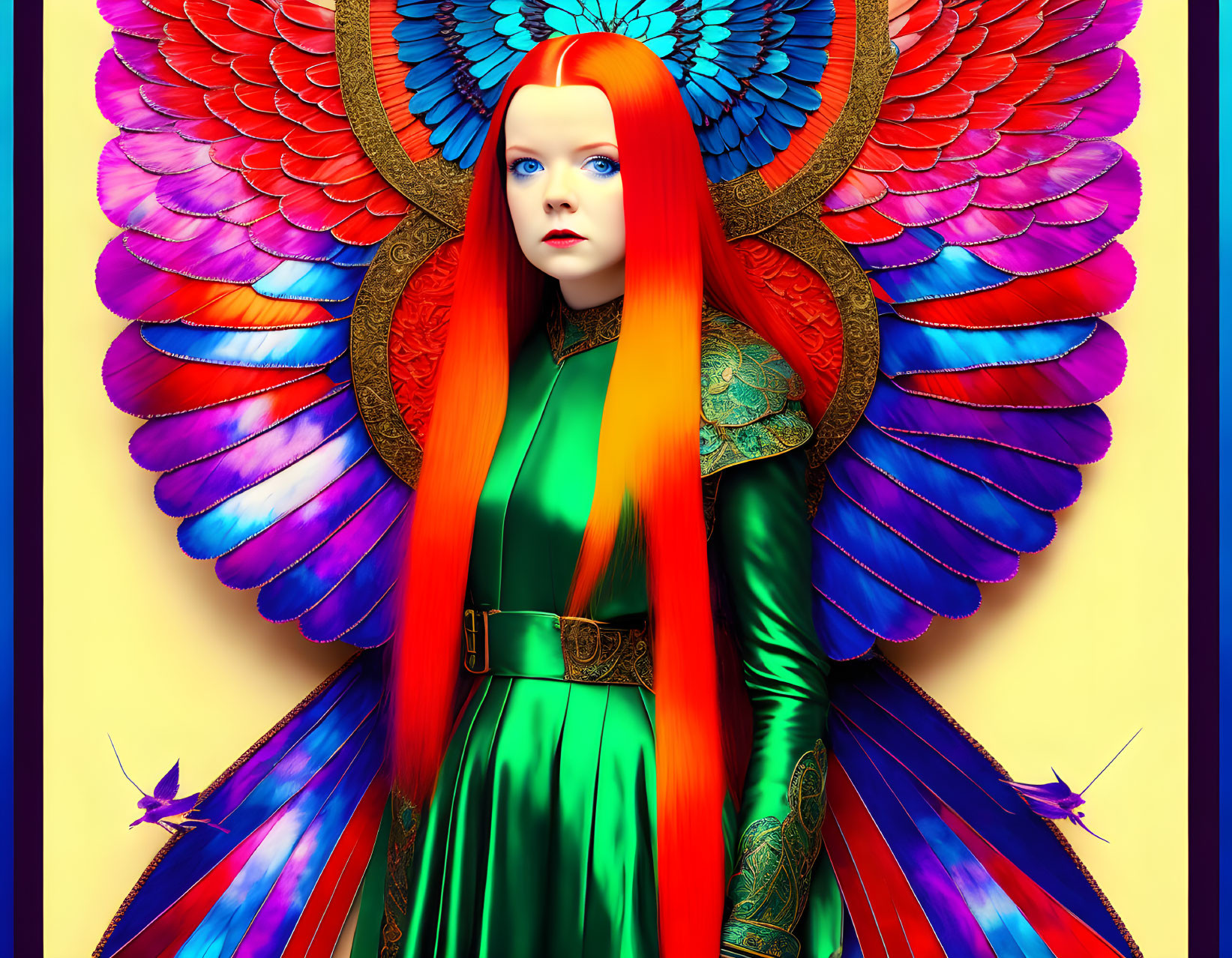 Colorful Illustration of Woman with Red Hair and Rainbow Wing