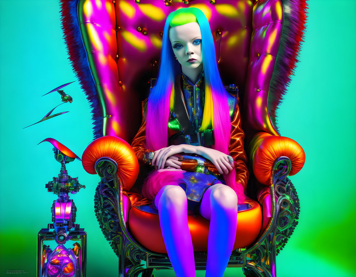 Blue-haired woman on red chair with colorful robots against turquoise background