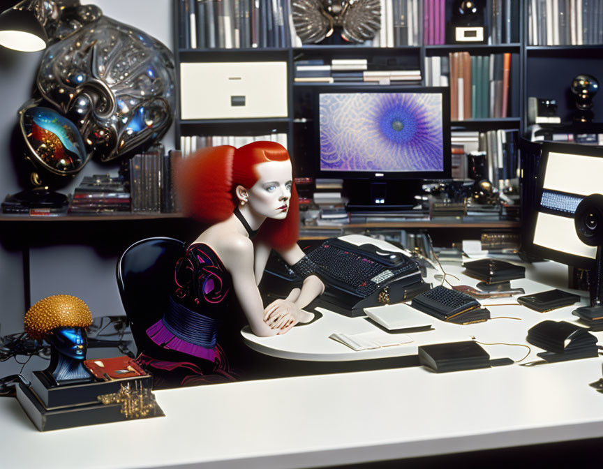 Futuristic office with red-haired woman and high-tech gadgets