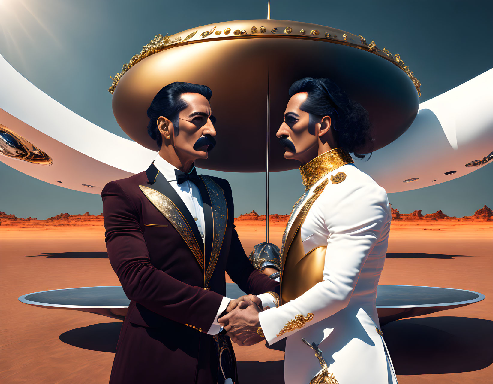 Identical figures with mustaches in futuristic uniforms under UFO