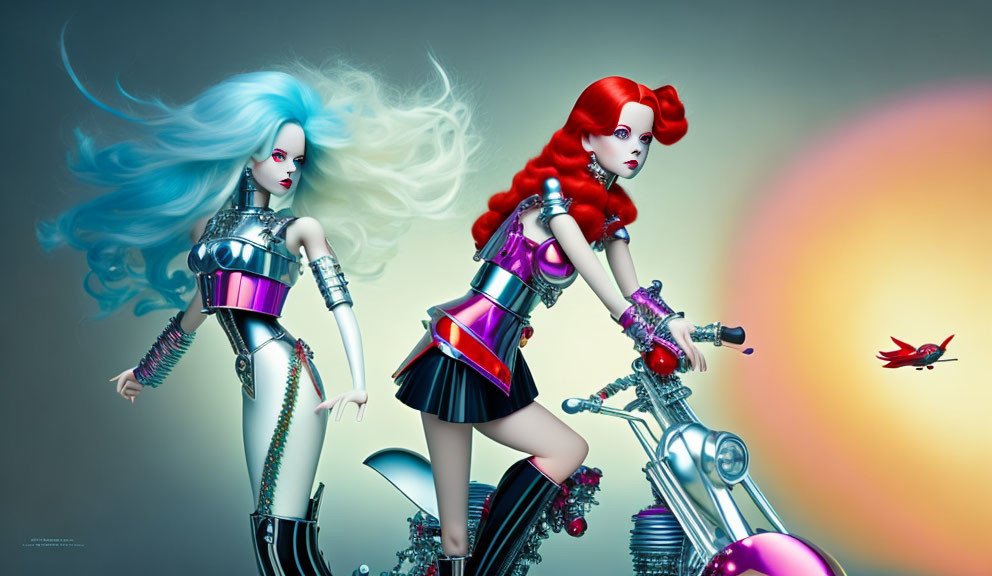 Futuristic female anime characters with blue and red hair and motorcycle on gradient background