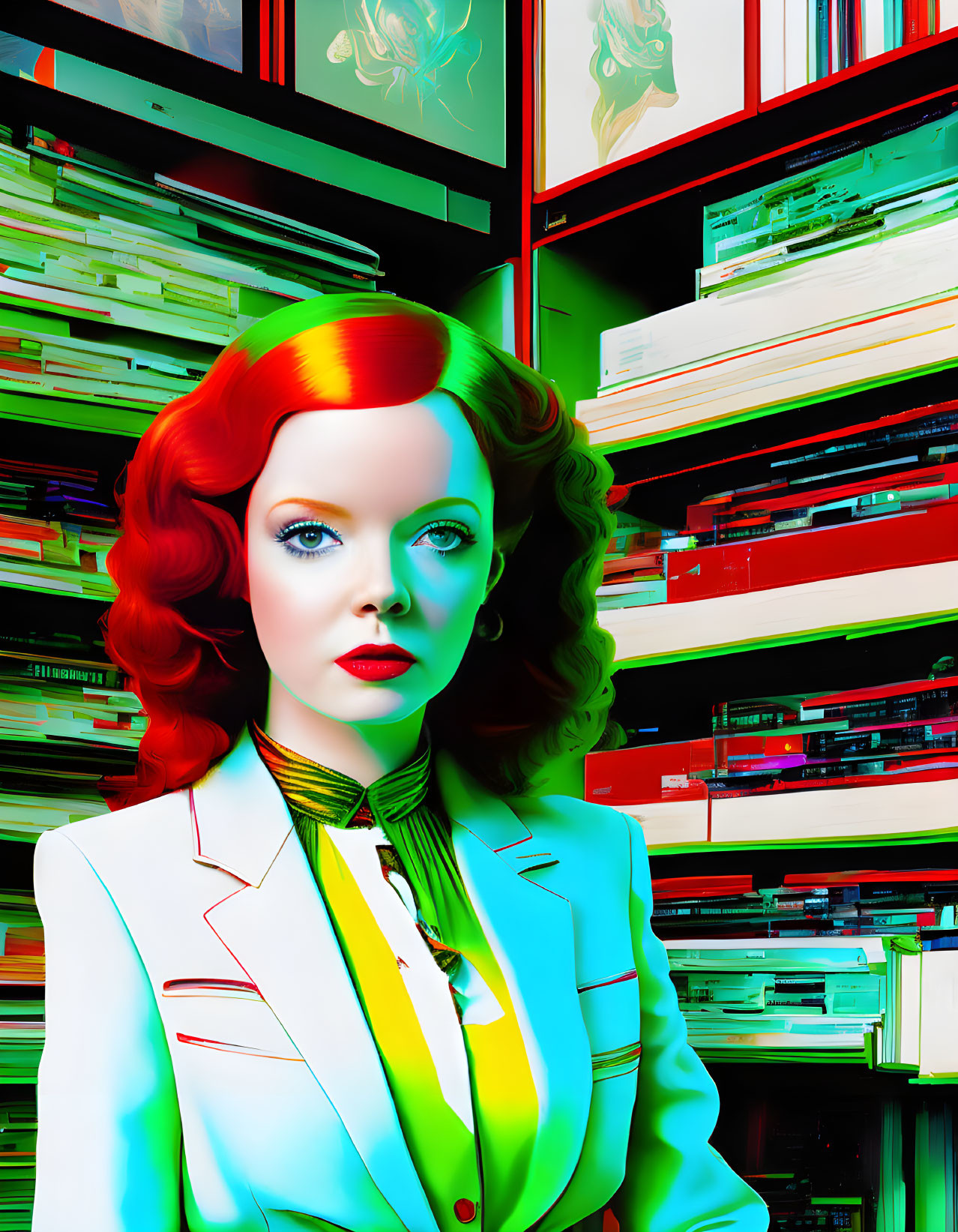 Colorful portrait: Woman with red hair, blue skin, white suit, surrounded by stacked books