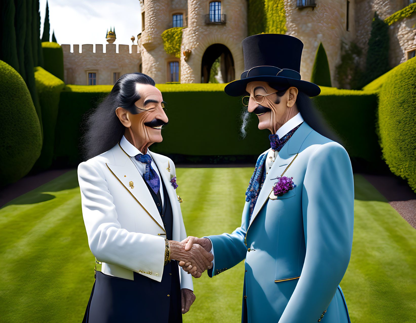 Exaggerated smiles of two well-dressed gentlemen in front of a castle