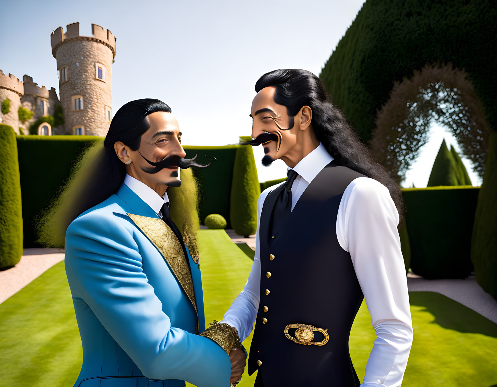 Stylized animated men with mustaches shake hands at castle garden